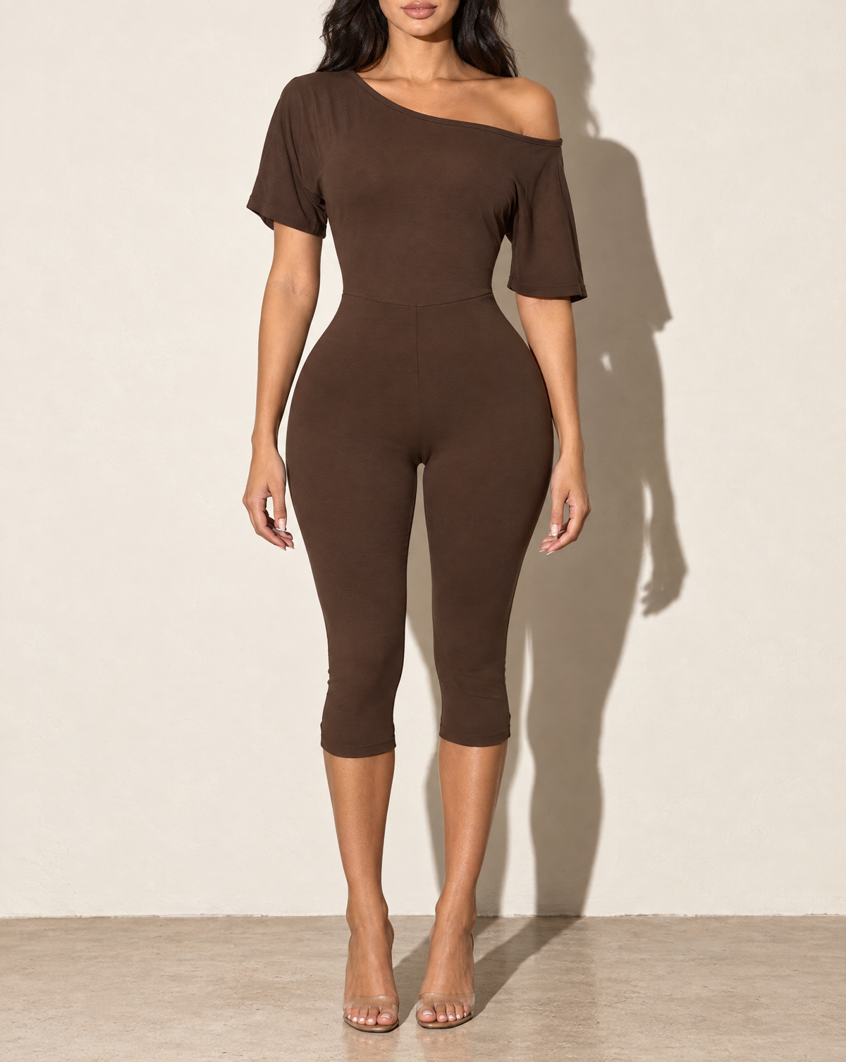 One Off Shoulder Capri Jumpsuit in DK BROWN — front view