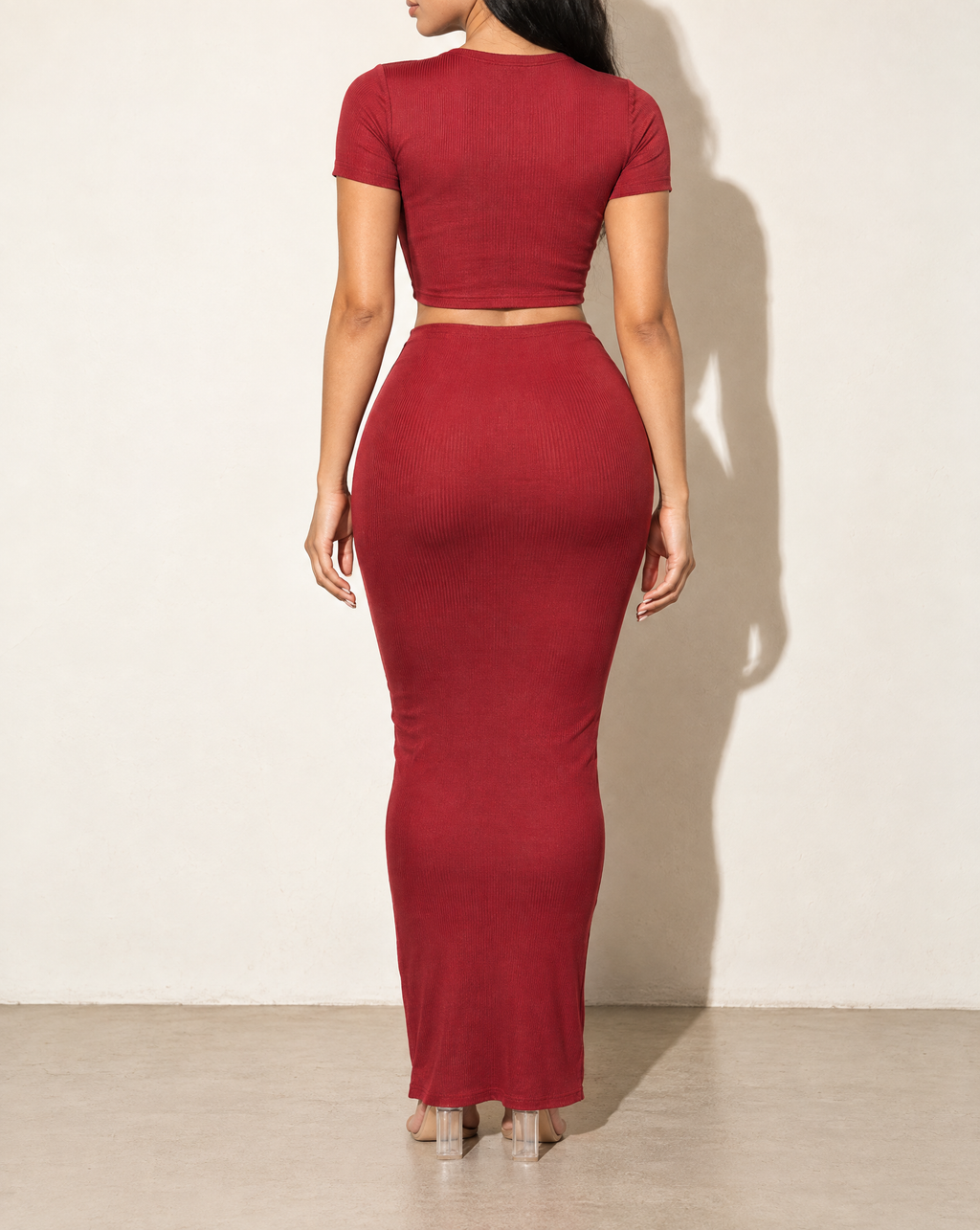 Short Sleeve Crop Top & Long Skirt Set in Burgundy — back view