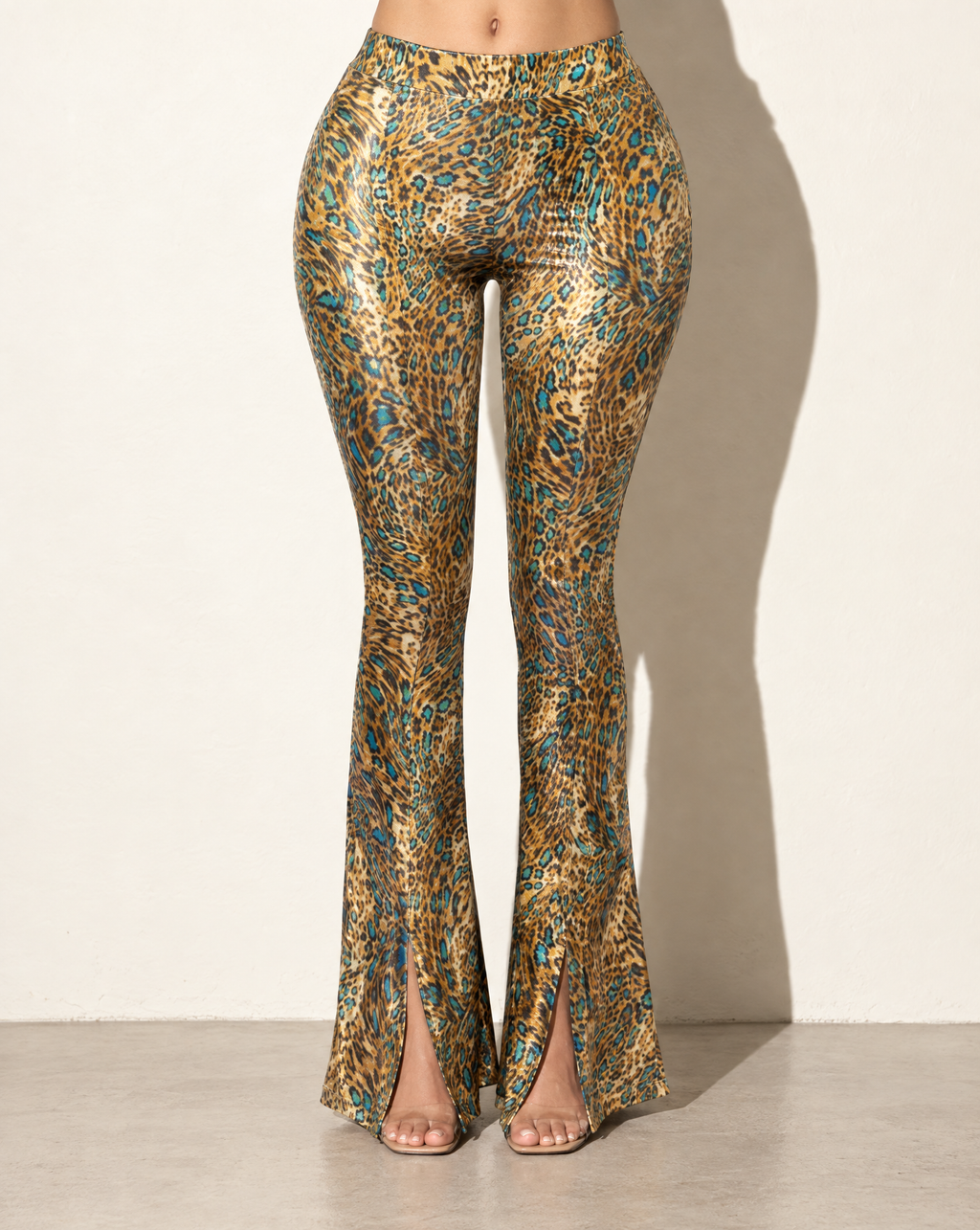 Foiled Animal Printed Slit Hem Flared Pants in GOLD/JADE — front view