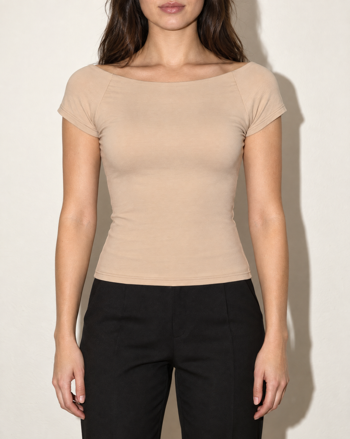 Cap Sleeve Black Top in OYSTER — front view