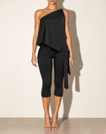 One Shoulder Drape Top & Tube Top Capri Set in Black — front view
