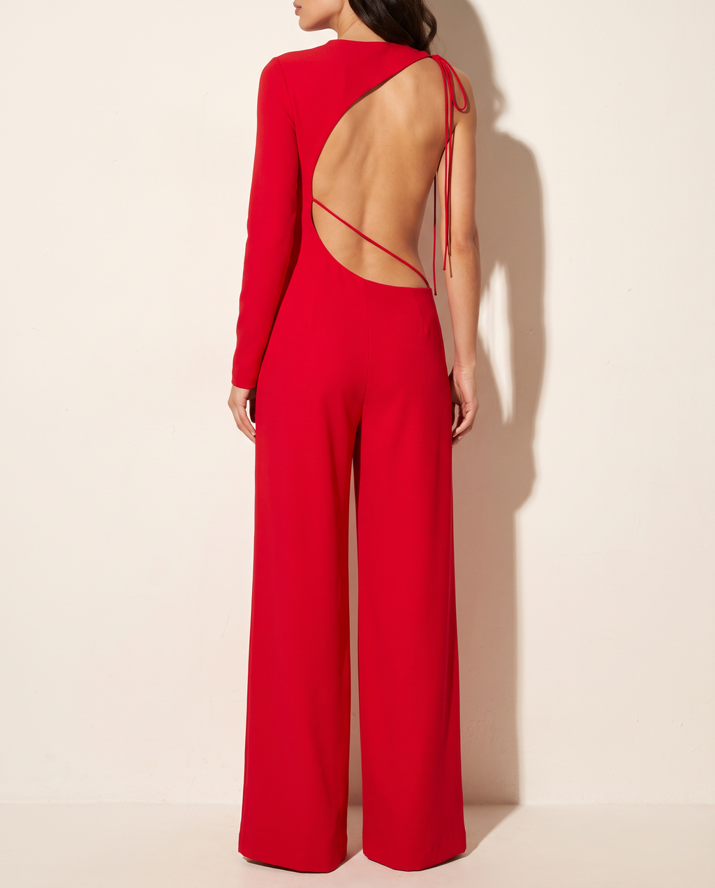 One Shoulder Stringed Jumpsuit in Red — back view