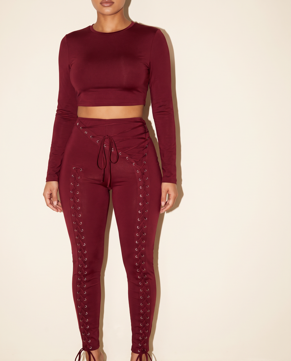 Lace Up Detailed Pants & Top Set in Burgundy — alternate front view