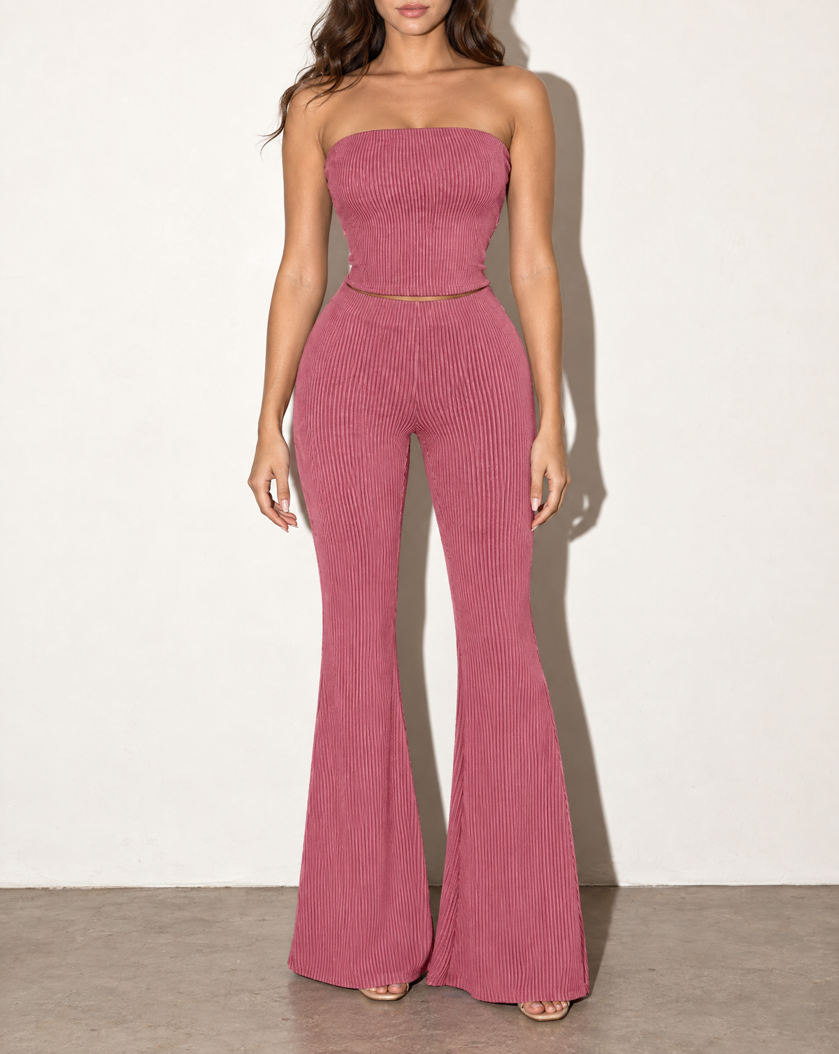 Rib Tube Top & Long Pants Set in MAUVE DK — front view