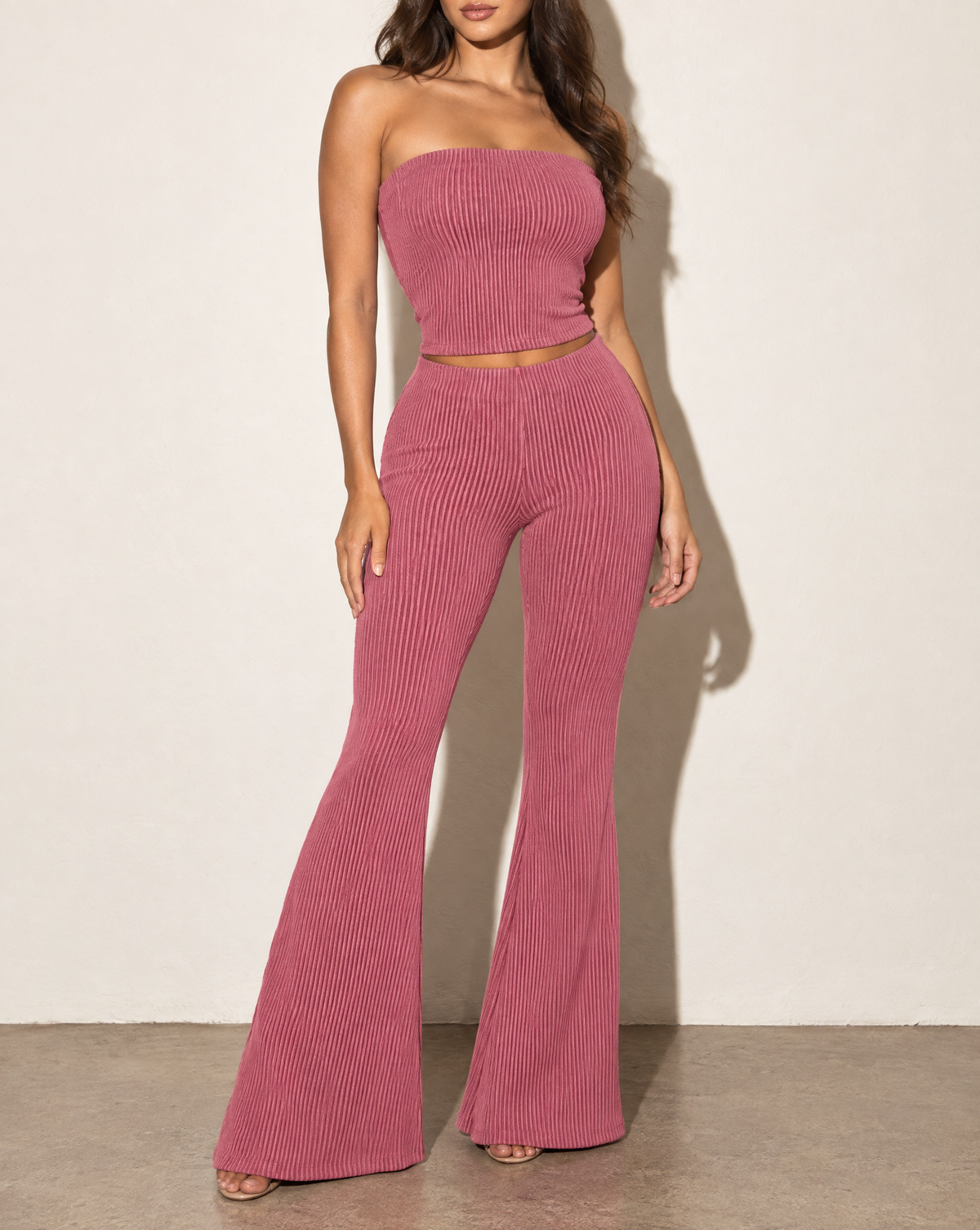 Rib Tube Top & Long Pants Set in MAUVE DK — alternate front view