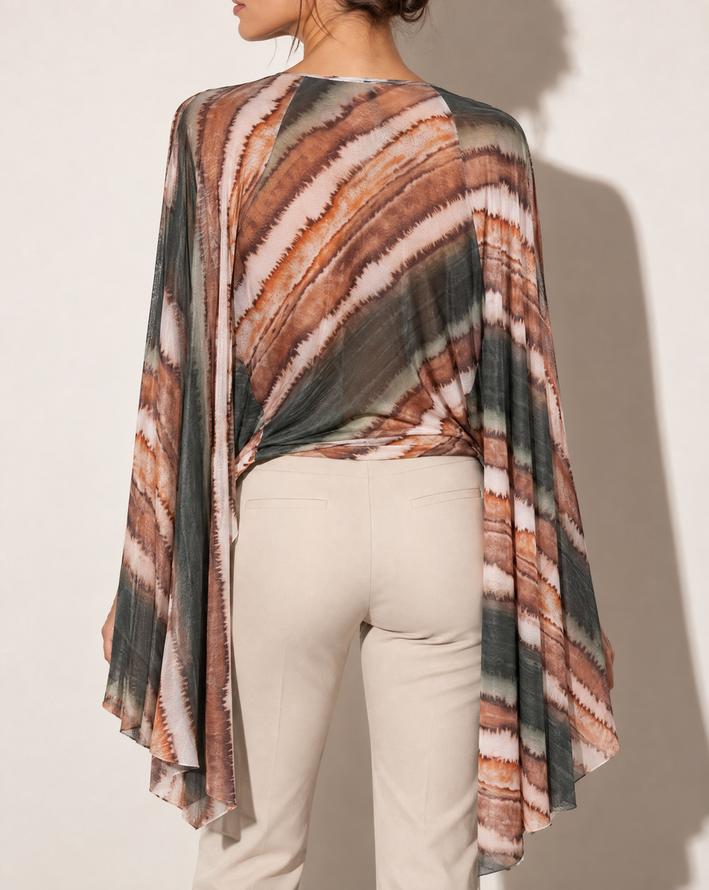 Printed Deep Cowl Neck Top With Slit Open Sleeves in BROWN COMBO — back view