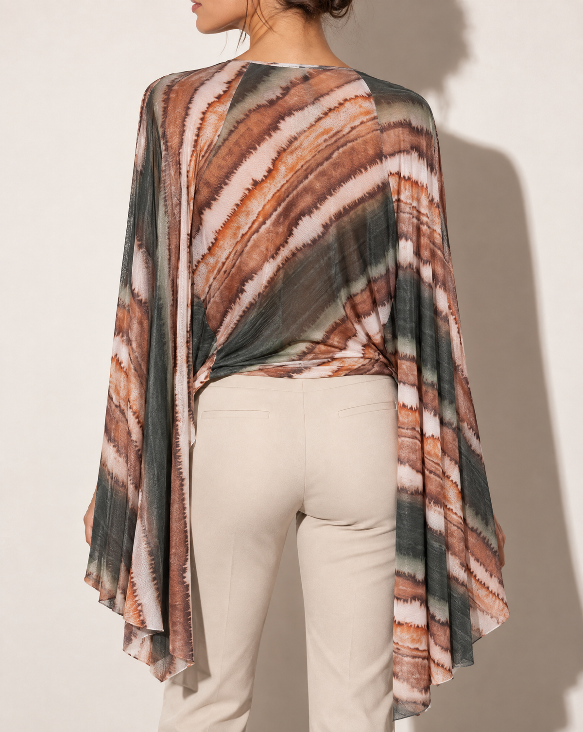 Printed Deep Cowl Neck Top With Slit Open Sleeves in BROWN COMBO — back view