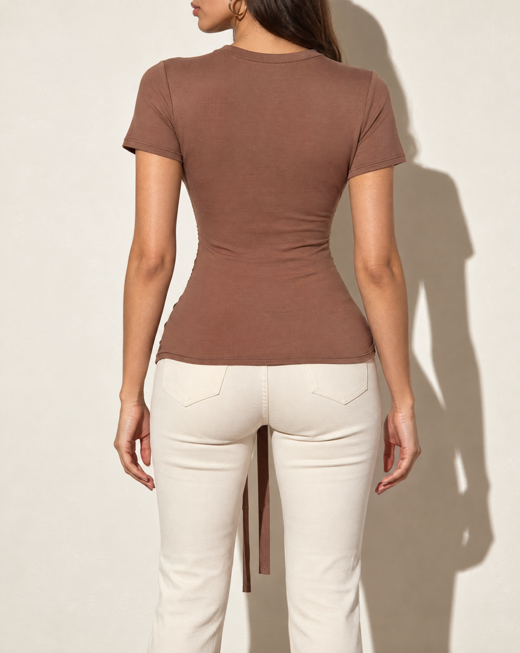 Tied Detailed Short Sleeves Fashion Top in Brown — back view