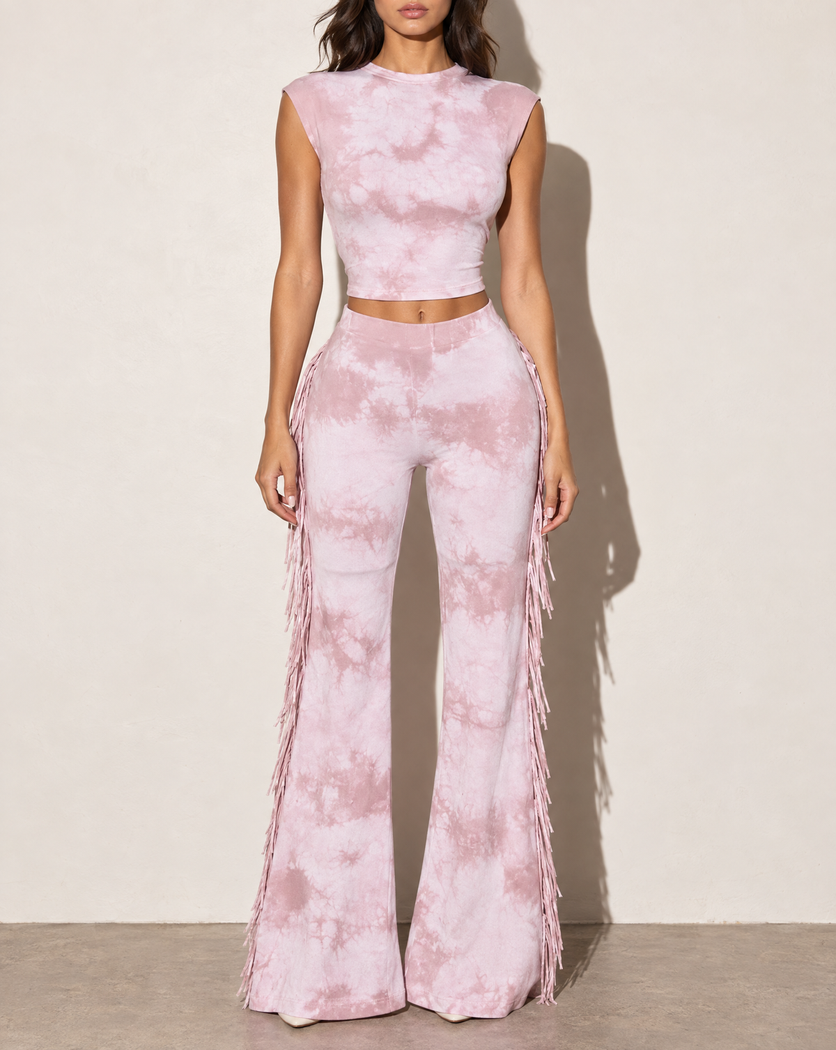 Elevated Marble Mineral Washed Fringe Pants Set in DUSTY PINK — front view
