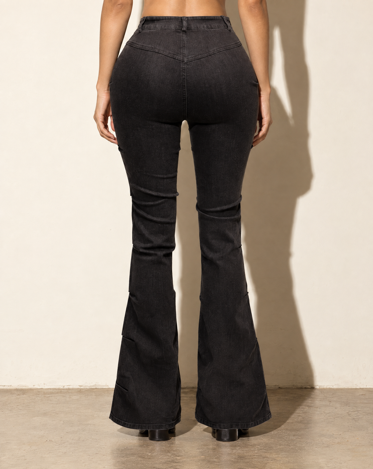 Pinched Bell Bottom Denim Pants in Black — back view