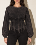 Washed Fringe Detailed Bubble Sleeve Top in Charcoal — front view