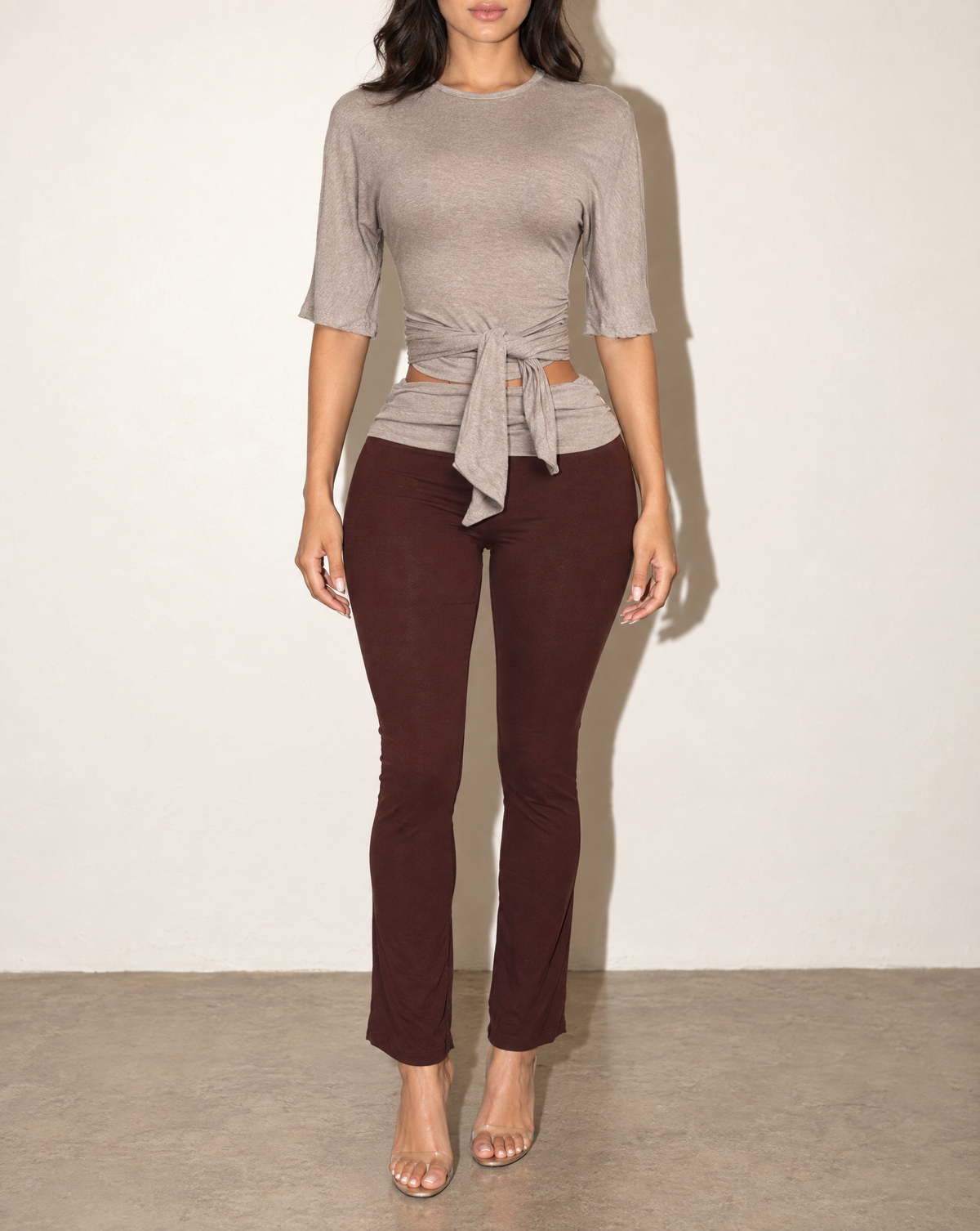 Wide Short Sleeve Top & Pants Set in LT BROWN COMBO — front view