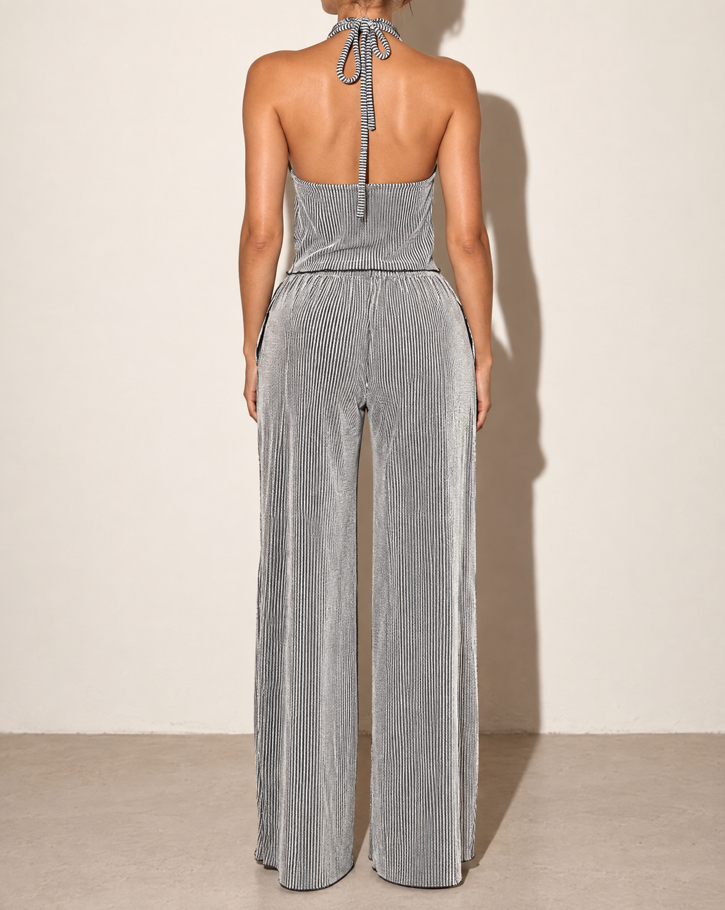 Strap Tied Neck Crop Top & Wide Leg Pants Set in Black — back view