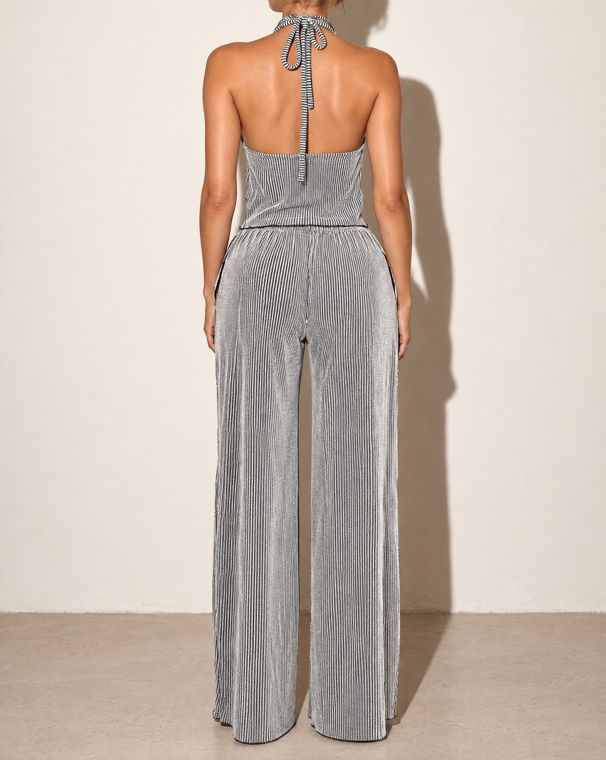 Strap Tied Neck Crop Top & Wide Leg Pants Set in Black — back view