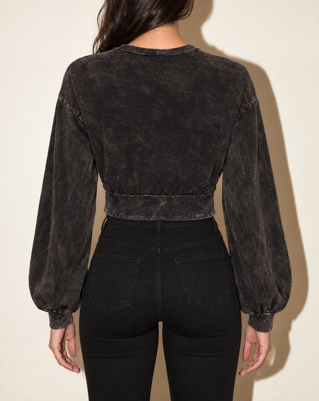 Washed Fringe Detailed Bubble Sleeve Top in Charcoal — back view