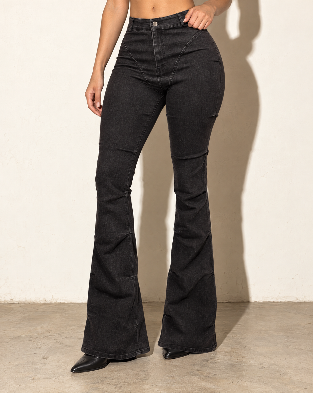Pinched Bell Bottom Denim Pants in Black — alternate front view