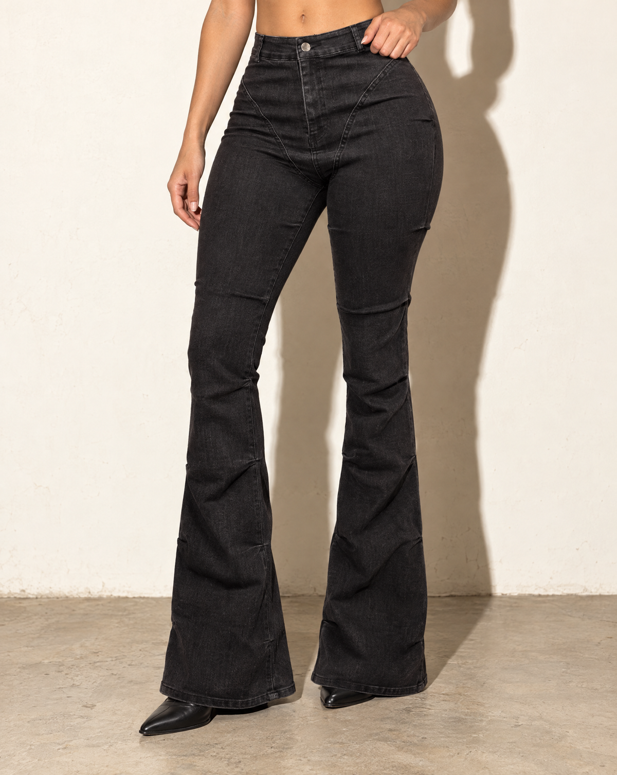 Pinched Bell Bottom Denim Pants in Black — alternate front view