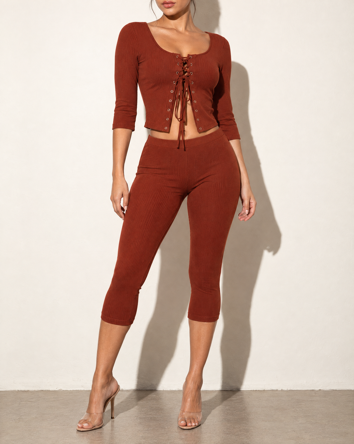 3/4 Sleeves Shoelace Closure Top & Capri Set in Rust — alternate front view