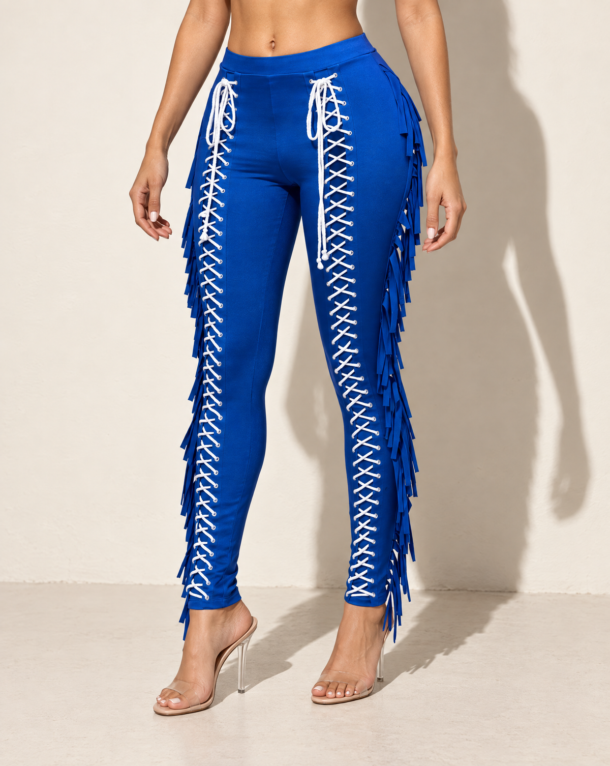 Lace Up Detailed Fringe Pants in Royal — alternate front view