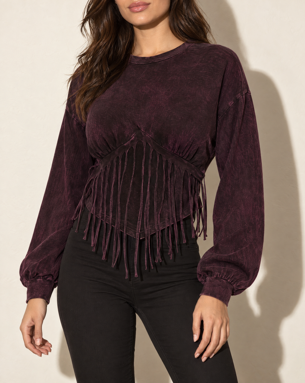 Washed Fringe Detailed Bubble Sleeve Top in DK FUSCHIA — alternate front view