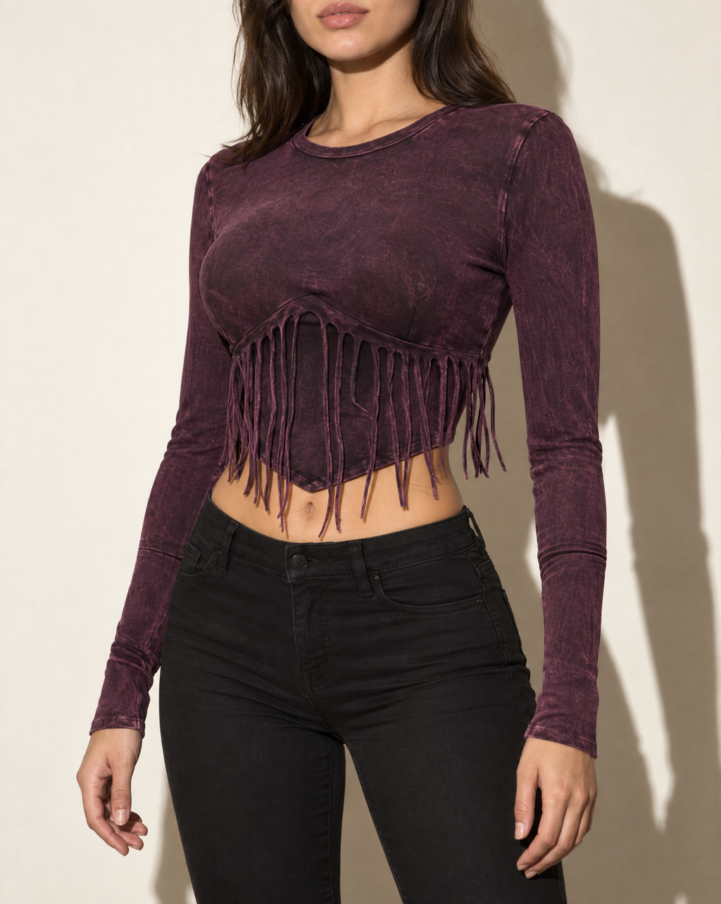 Washed Fringe Front Detailed Long Sleeve Top in DK FUSCHIA — alternate front view