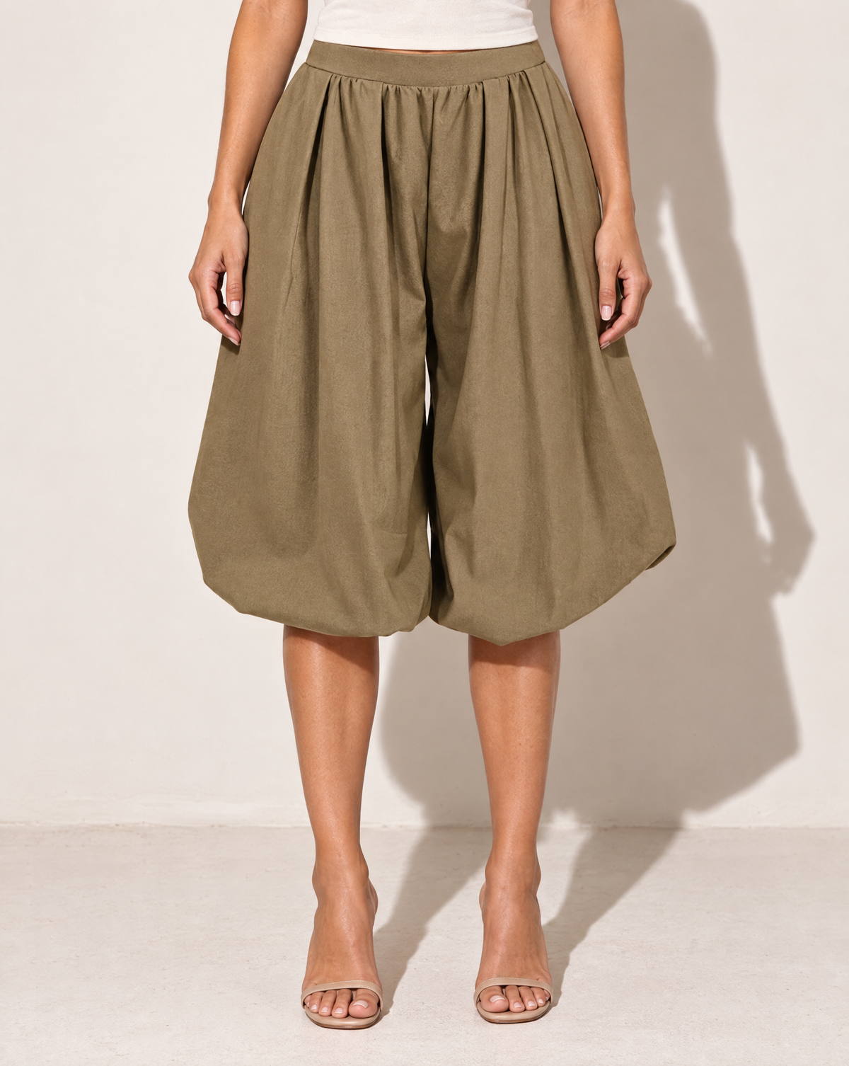 Wide Bubble Hem Capri Pants in LT MOCHA — front view