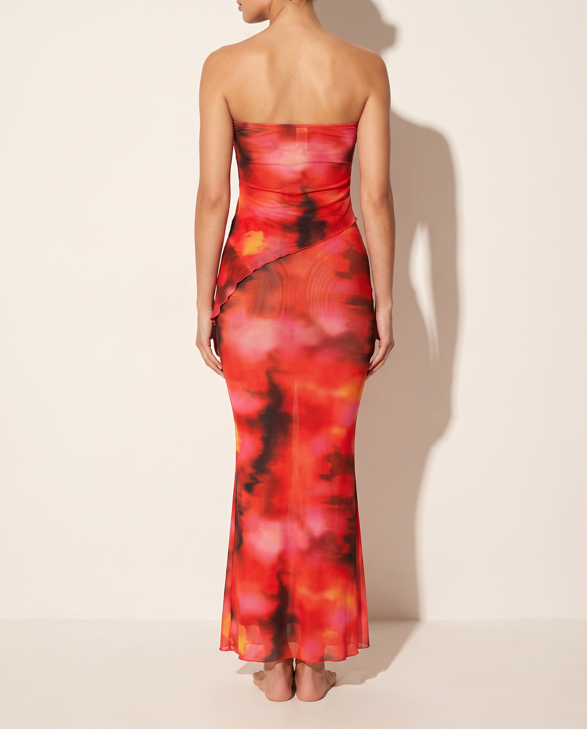 Printed Mesh Tub Top & Maxi Skirt Set in Red Multi — back view