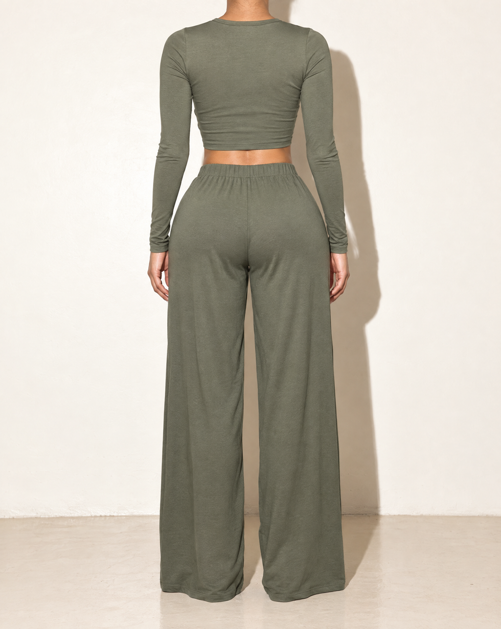 Long Sleeve Mid Top & Wide Leg Pants Set in Olive — back view