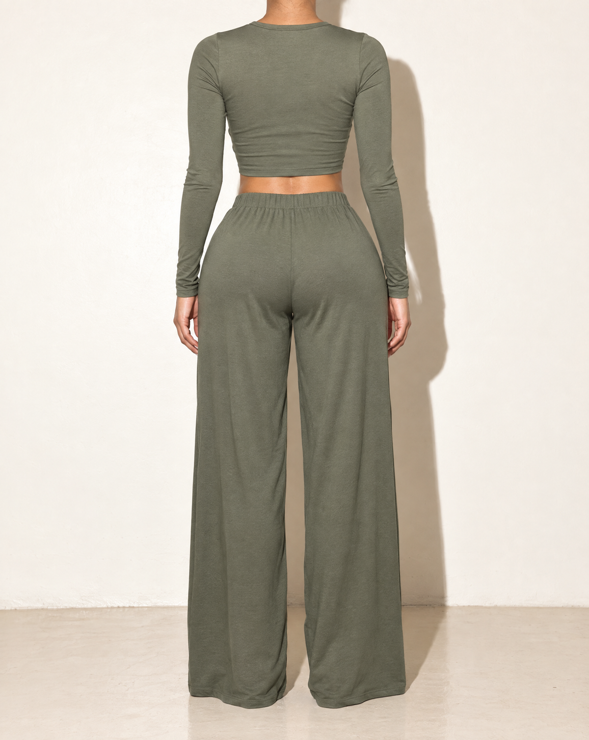 Long Sleeve Mid Top & Wide Leg Pants Set in Olive — back view