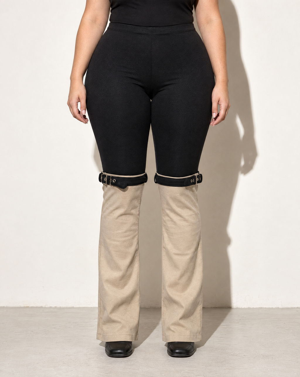 Plus Size Buckled Contrast Pants in BLACK/NUDE — front view
