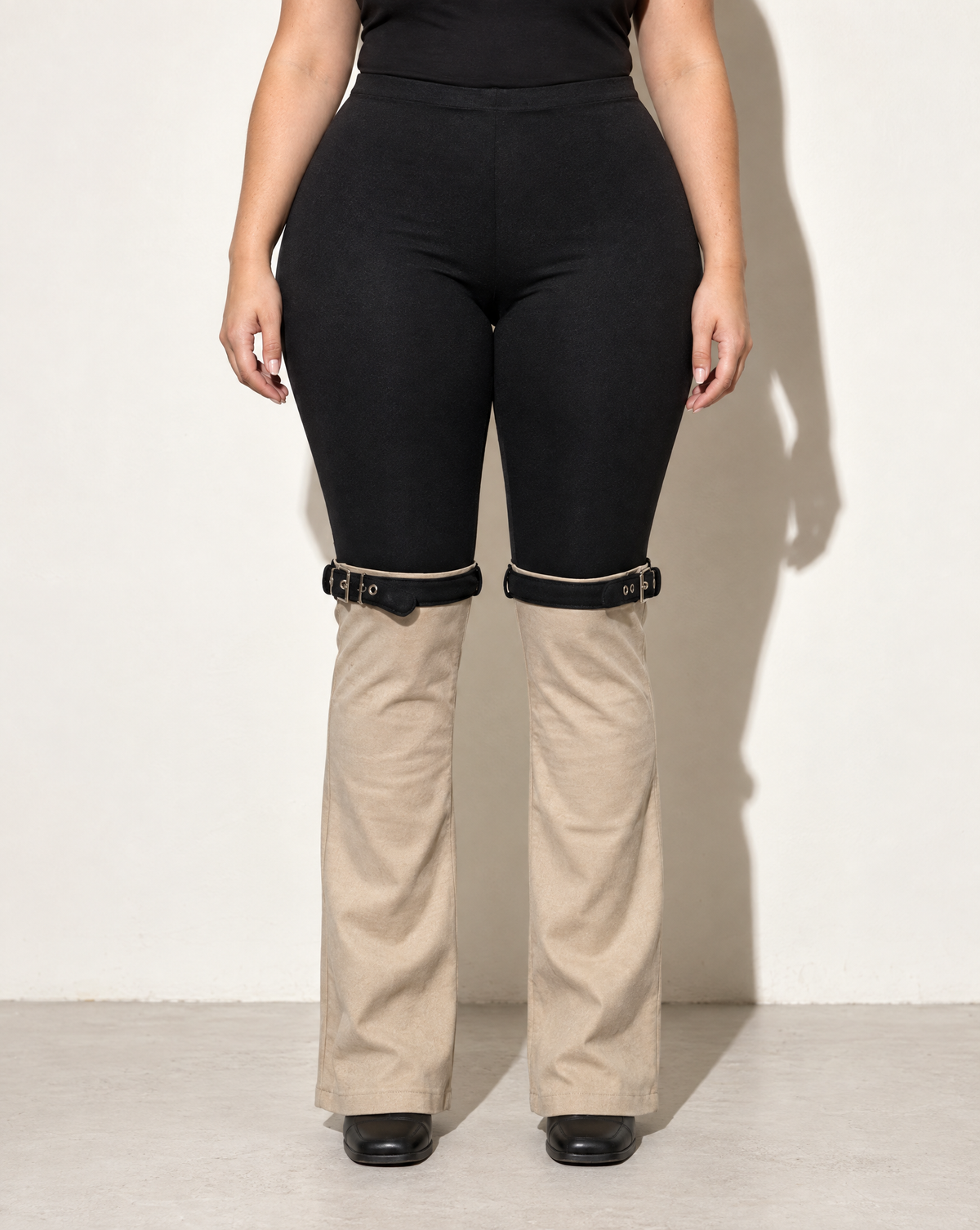 Plus Size Buckled Contrast Pants in BLACK/NUDE — front view