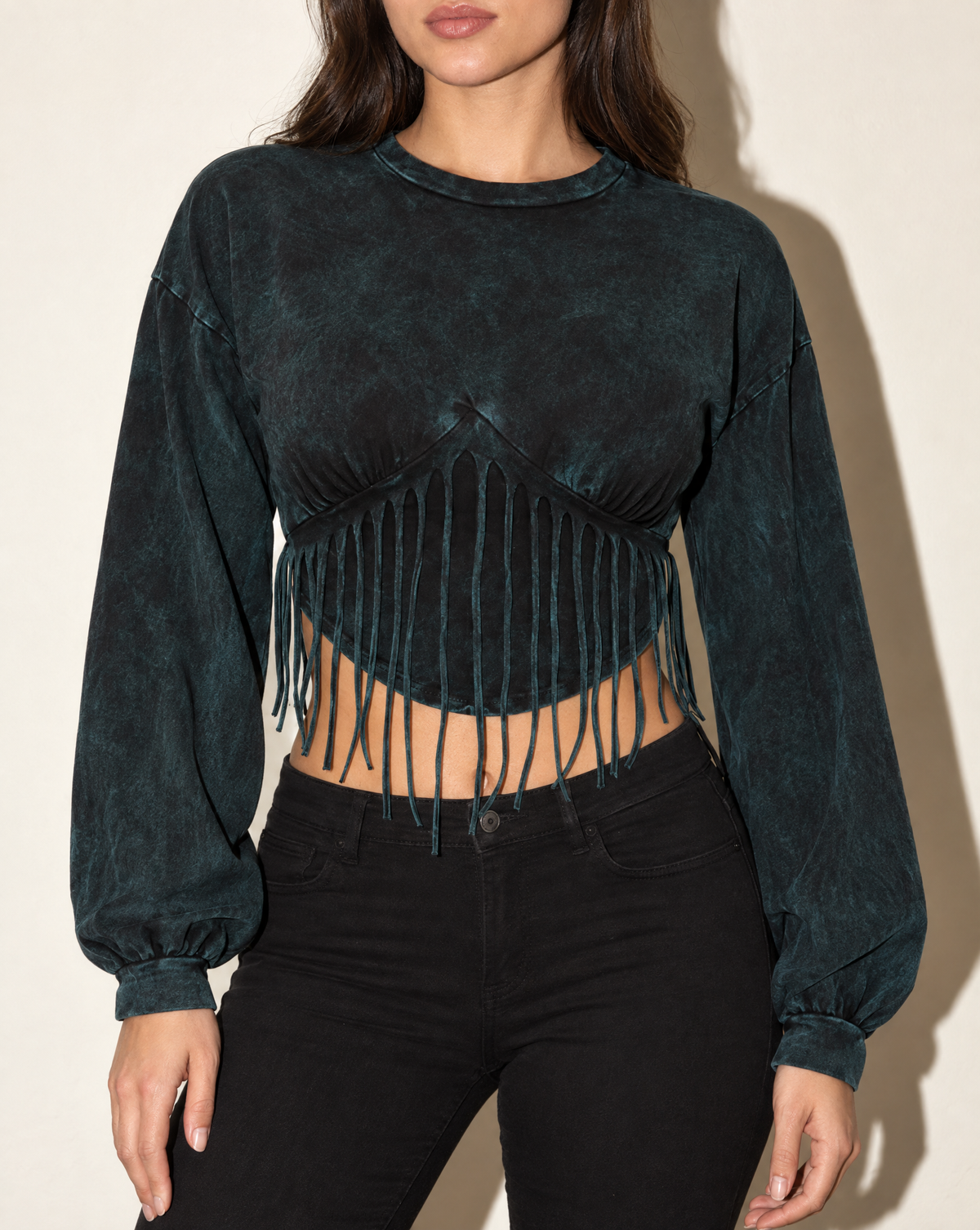 Washed Fringe Detailed Bubble Sleeve Top in DK TEAL — front view