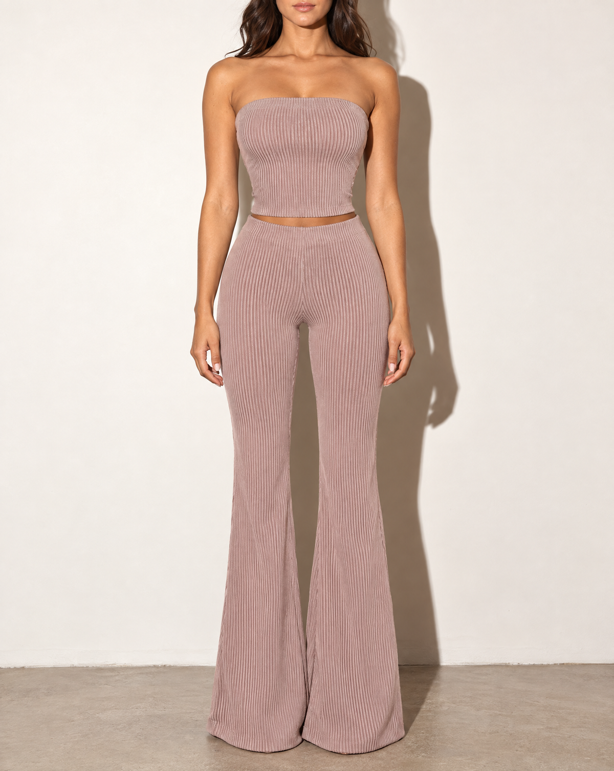 Rib Tube Top & Long Pants Set in Taupe — front view