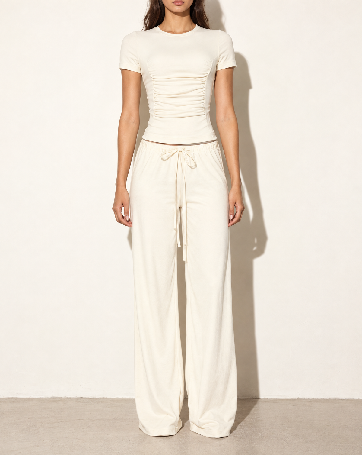 Shirring Detailed Shorts Sleeve Top & Pants Set in Ivory — front view