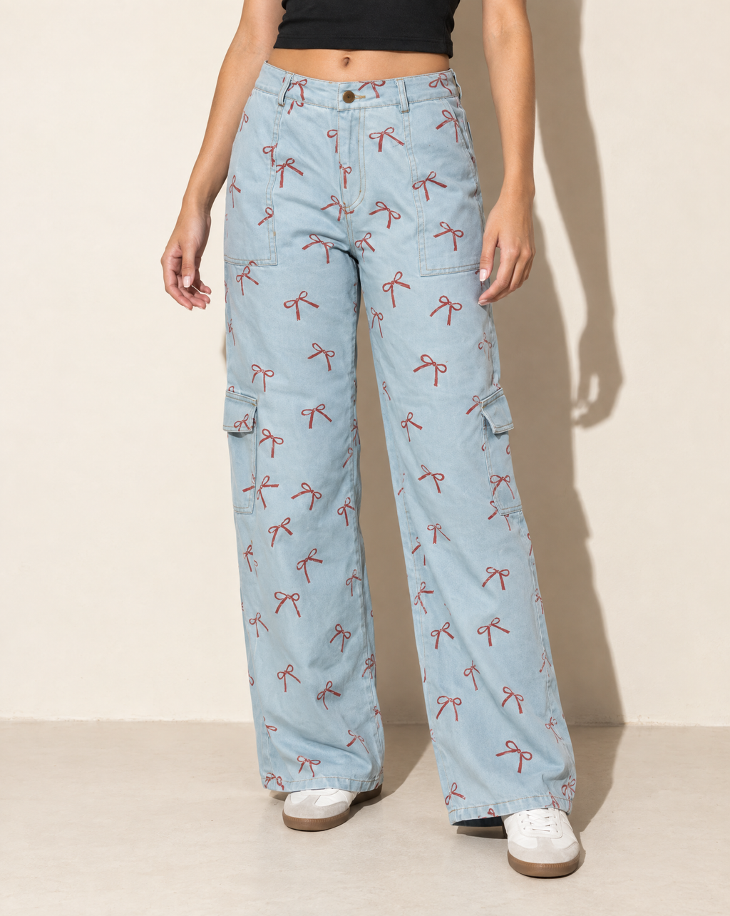Ribbon Printed Pants in DENIM/RED — alternate front view