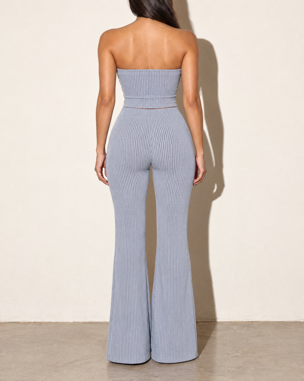 Rib Tube Top & Long Pants Set in SLATE — back view