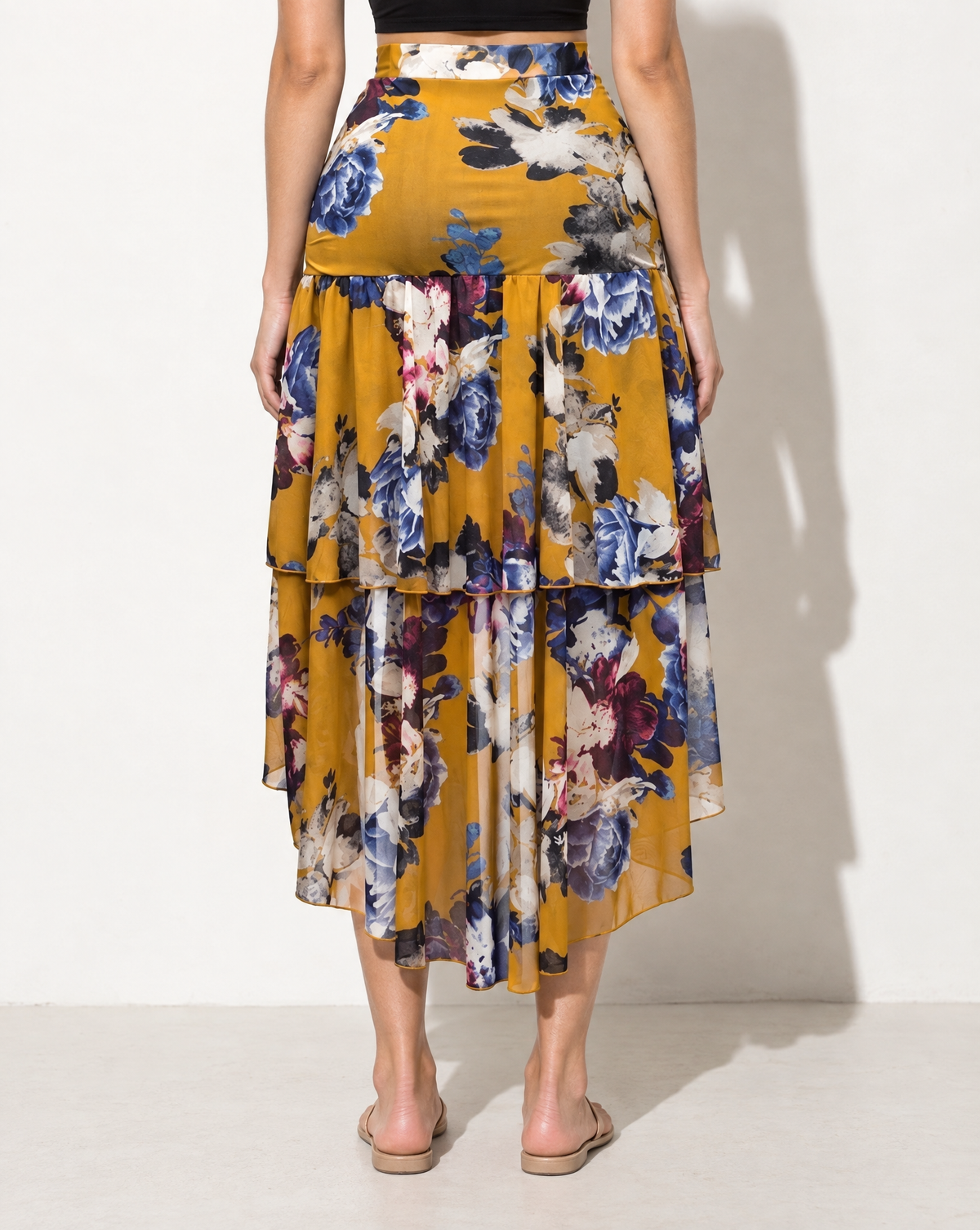 Asymmetrical Hem Floral Skirt in MUSTARD COMBO — back view