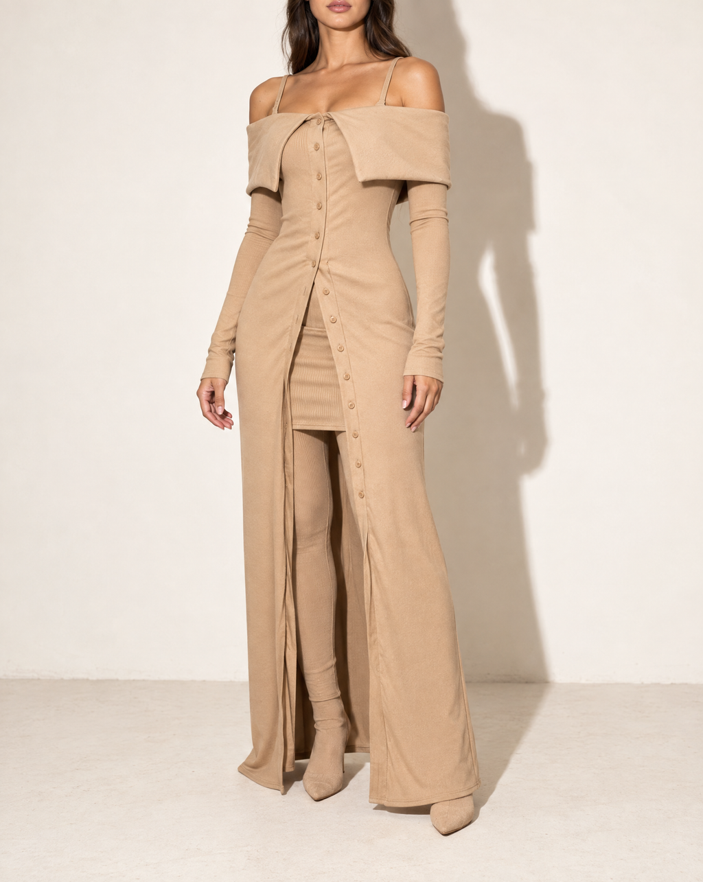 Long Length Off Shoulder Top & Skirt Leggings Set in CAPPUCCINO — alternate front view