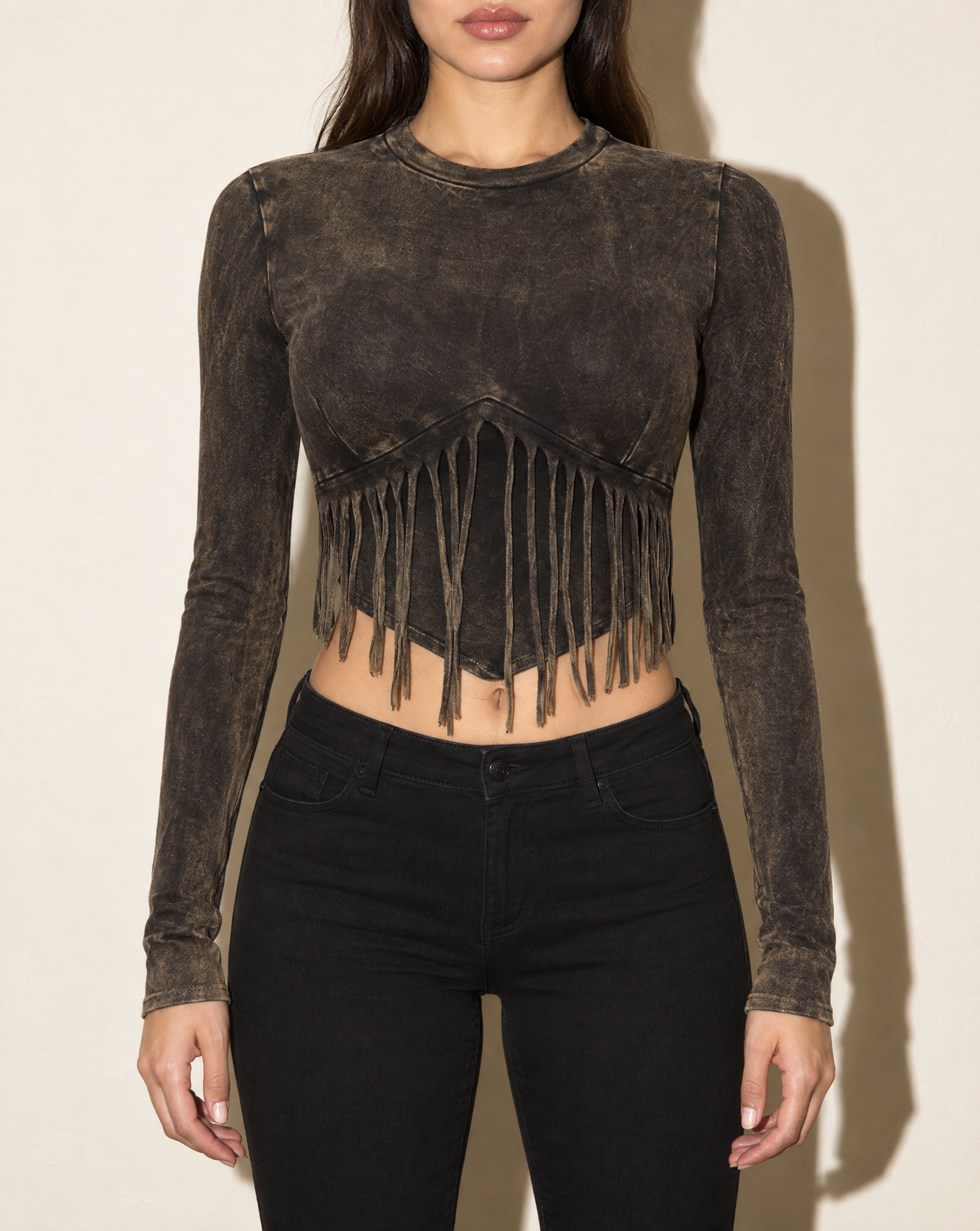 Washed Fringe Front Detailed Long Sleeve Top in DK MUSTARD — front view