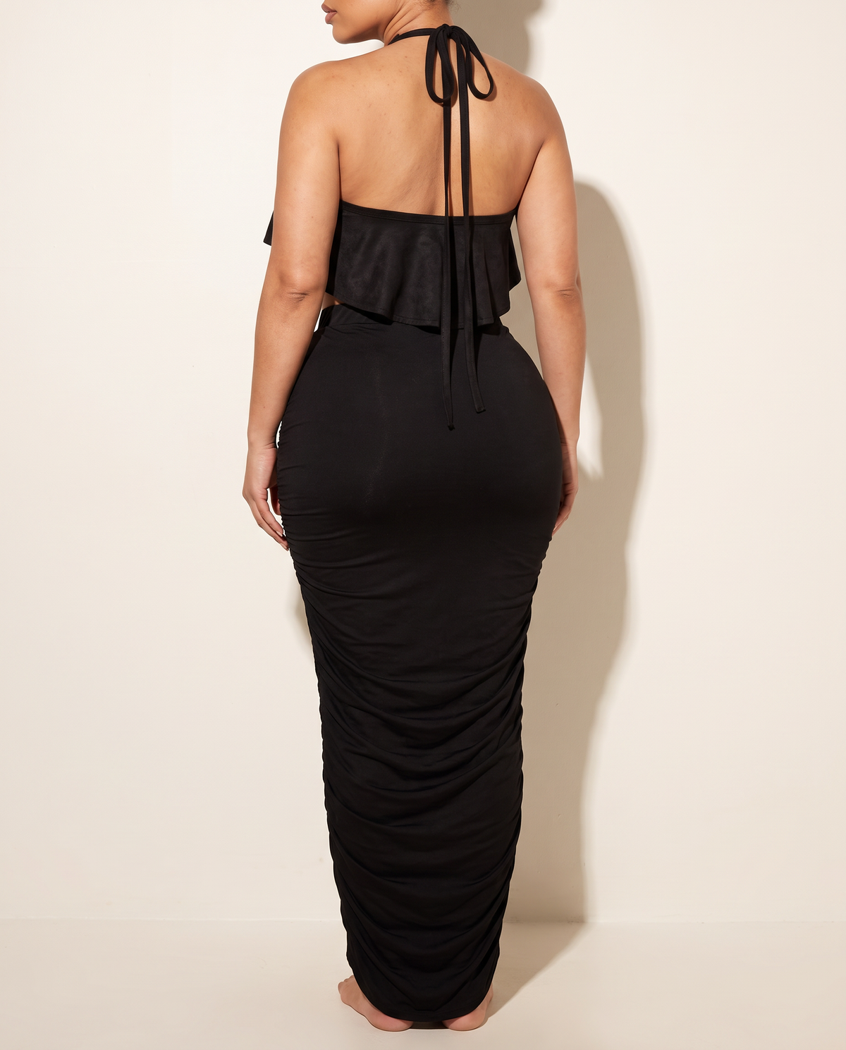 Halter Top Maxi Skirt Set in Black — back view