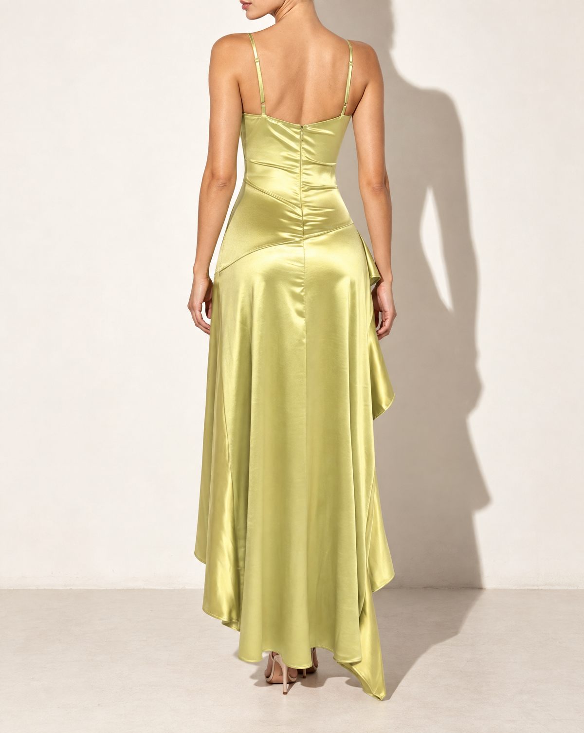 Ruffleddress Satin Maxi in SAGE — back view