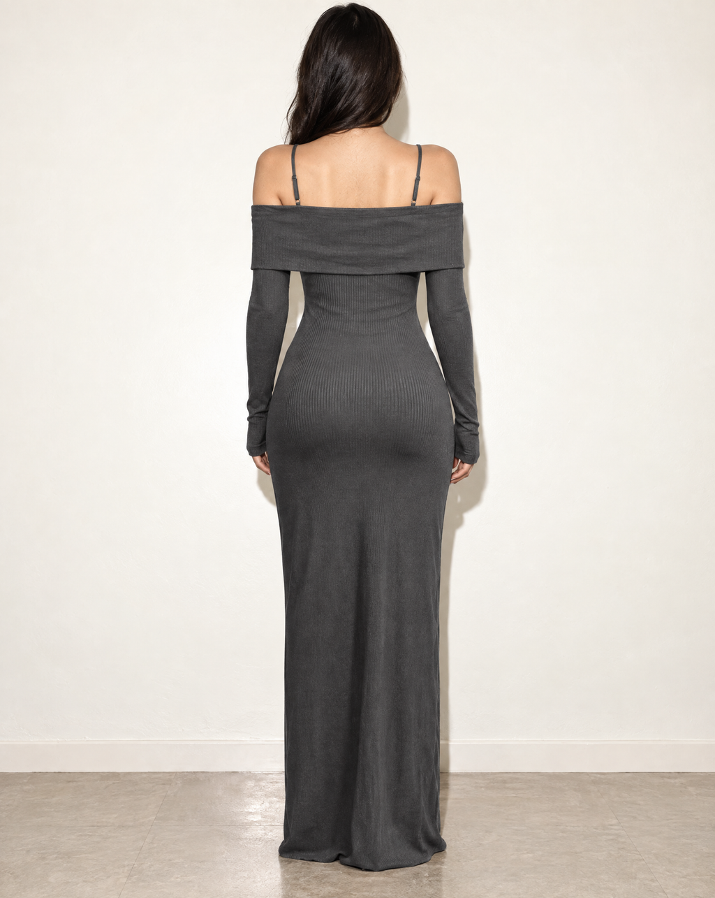 Long Length Off Shoulder Top & Skirt Leggings Set in Charcoal — back view