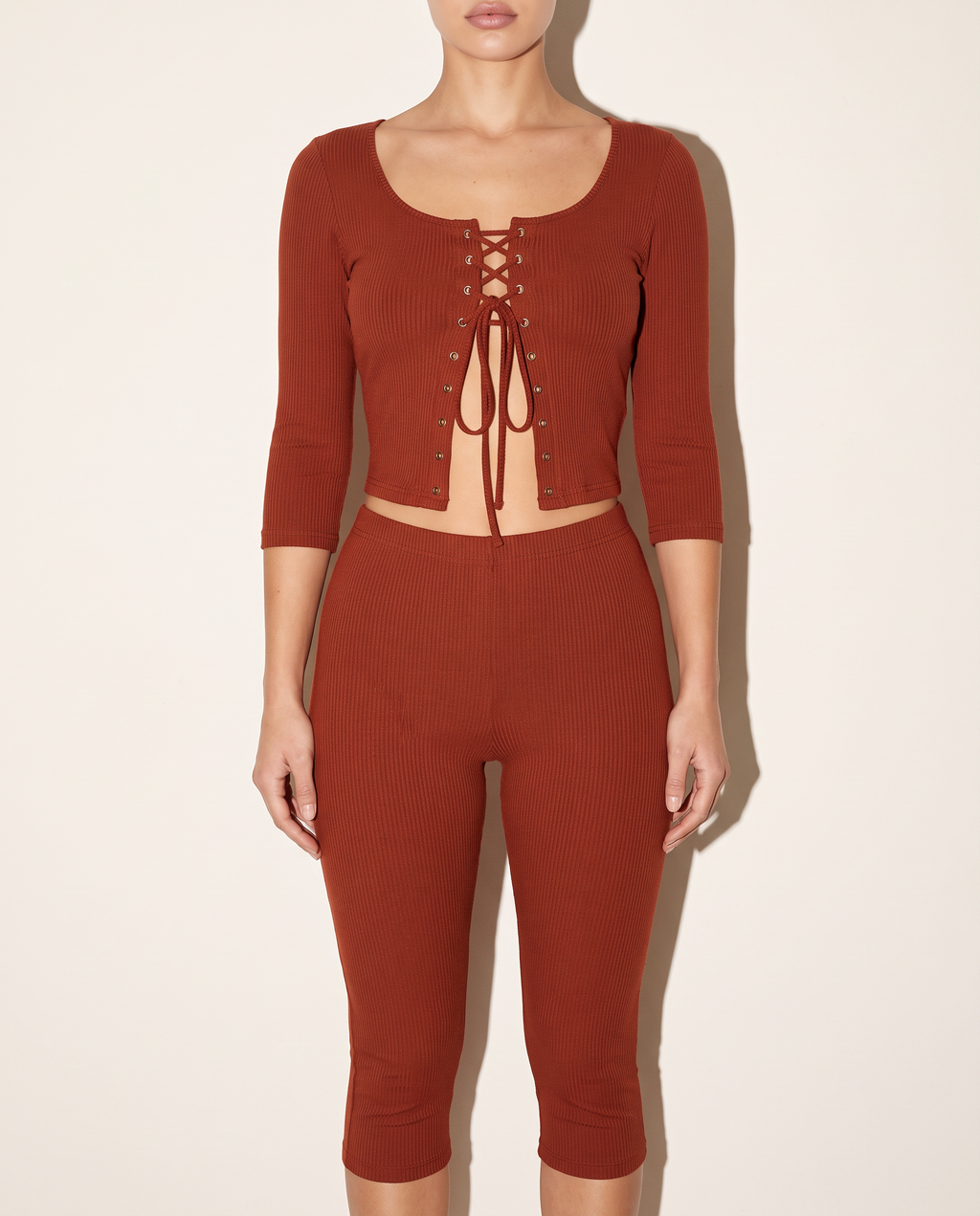 3/4 Sleeves Shoelace Closure Top & Capri Set in Rust — front view