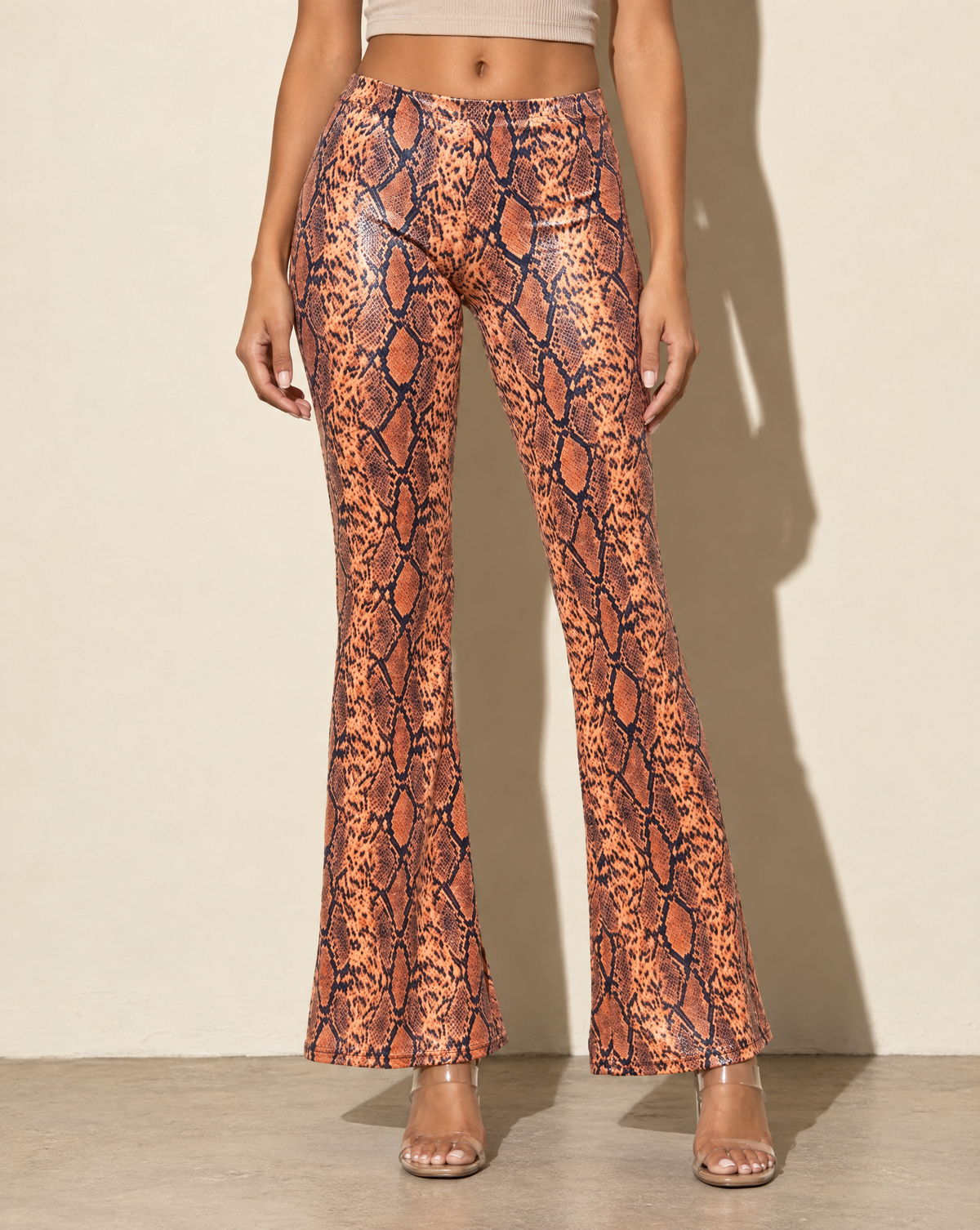 Foiled Animal Printed Slightly Flare Pants in ORANGE/NAVY — front view