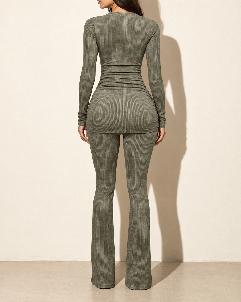 Washed Rib Round Neck Long Sleeve & Pants Set in Olive — back view