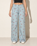 Ribbon Printed Pants in DENIM/RED — front view