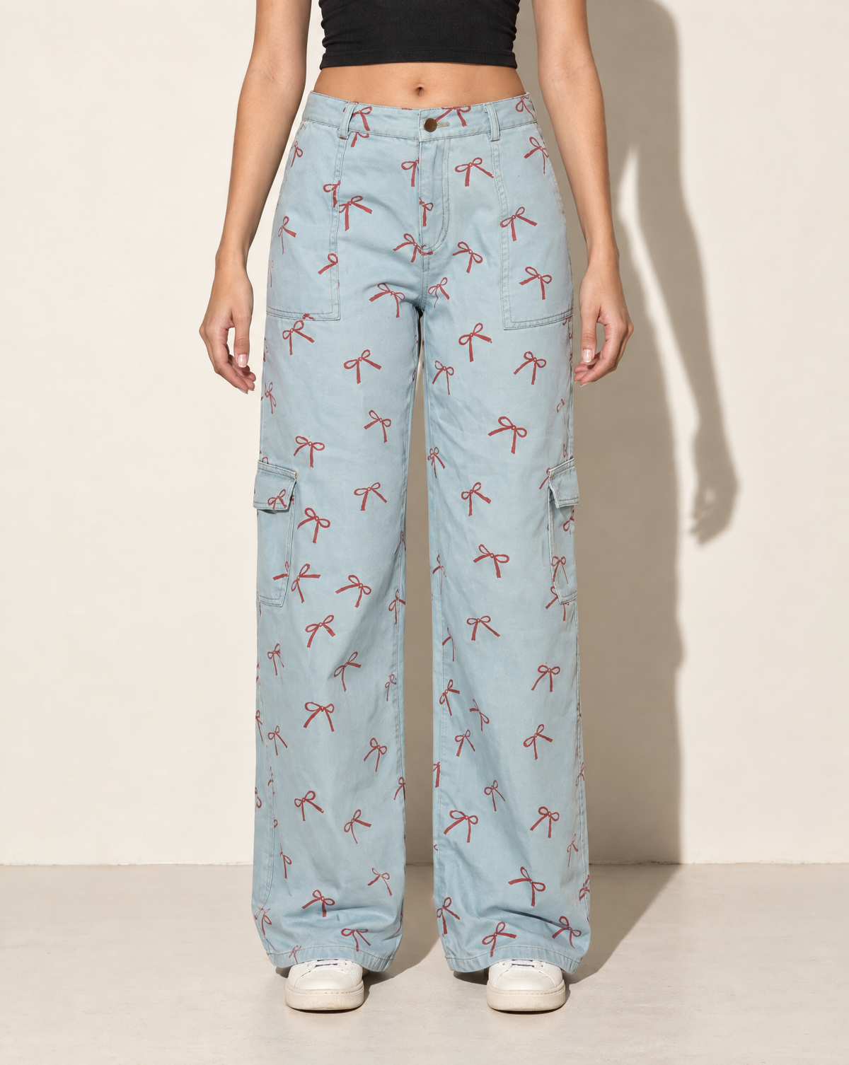 Ribbon Printed Pants in DENIM/RED — front view