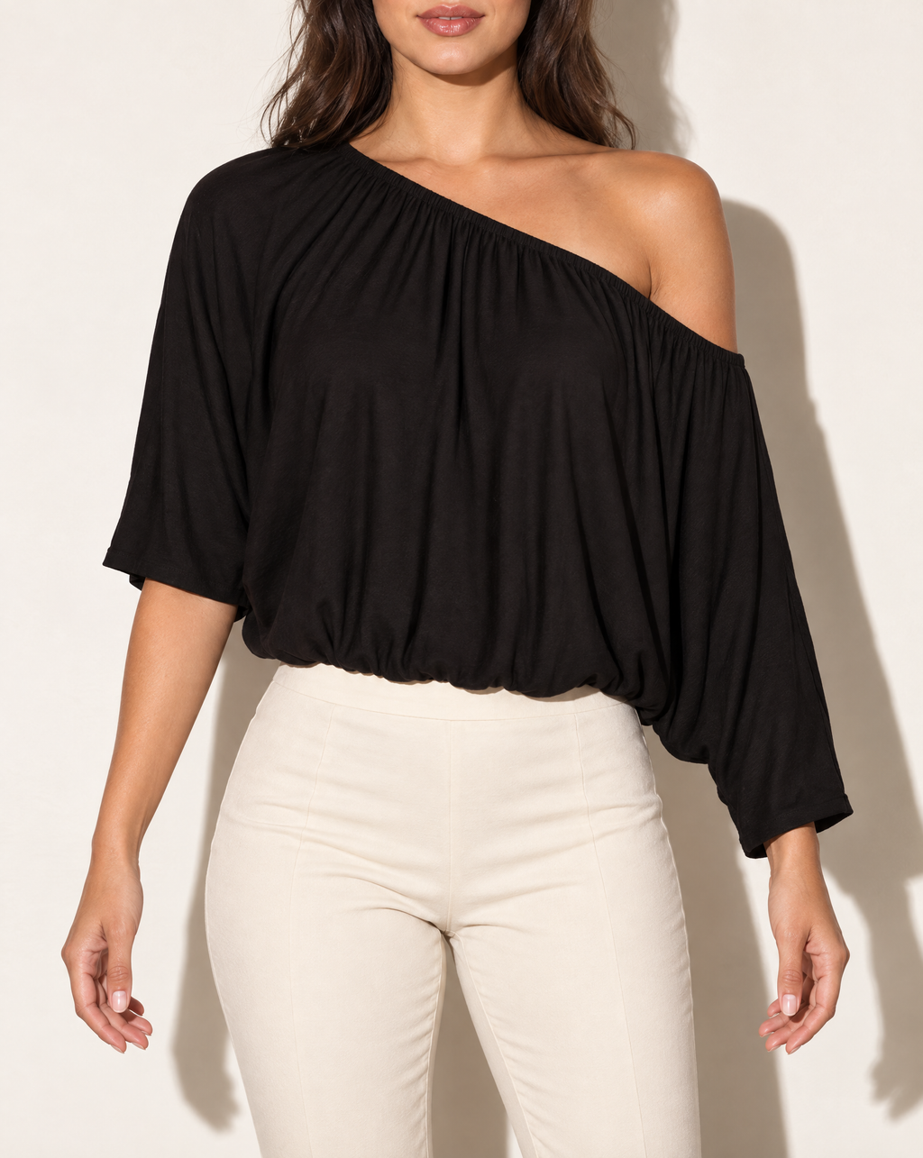 Cropped Batwing Off Shoulder Top in Black — front view