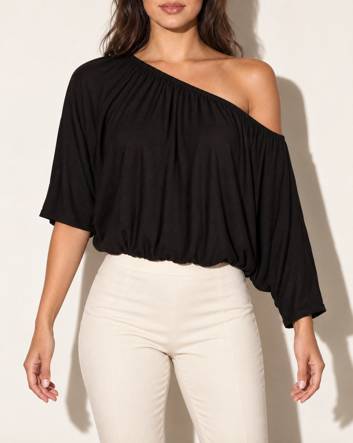 Cropped Batwing Off Shoulder Top in Black — front view