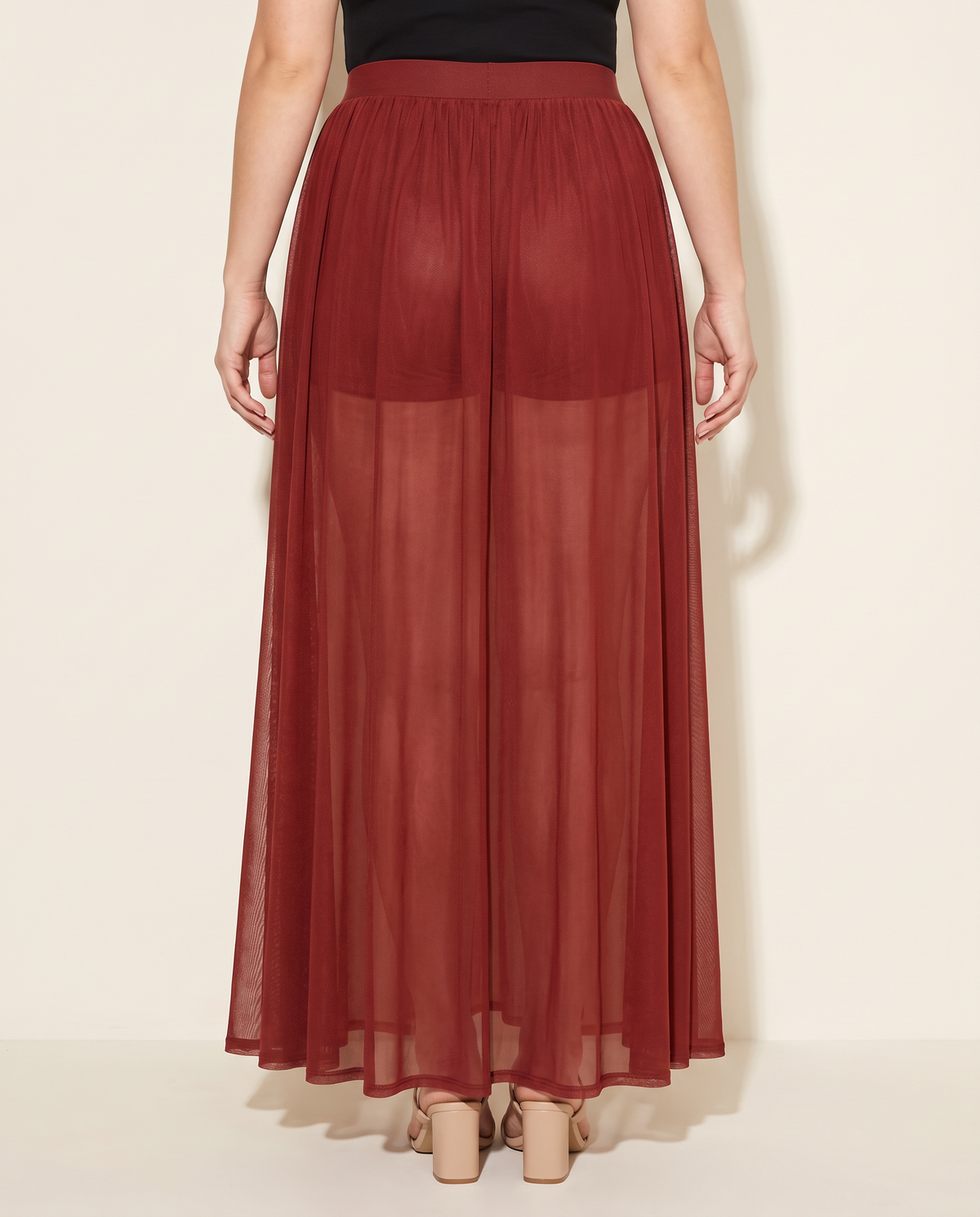Sheer Mesh Maxi Skirt With Shorts Lining in Burgundy — back view